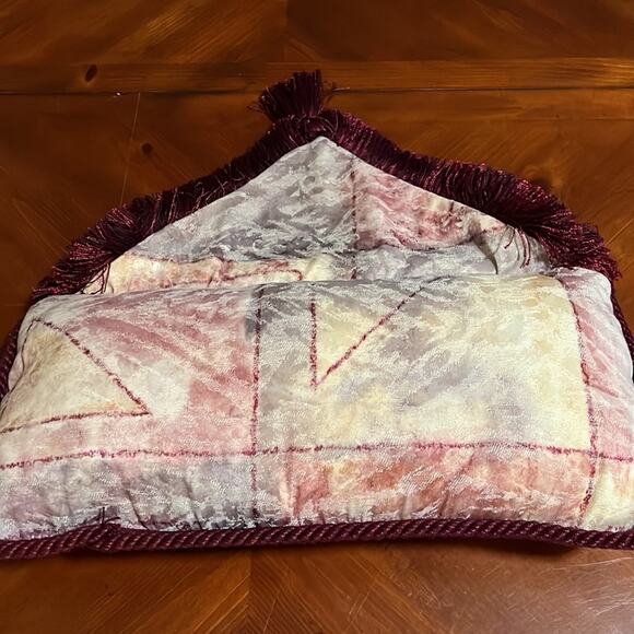 Beige & Burgundy Brocade Envelope Throw Pillow with Fringe Handmade - Picture 4 of 6